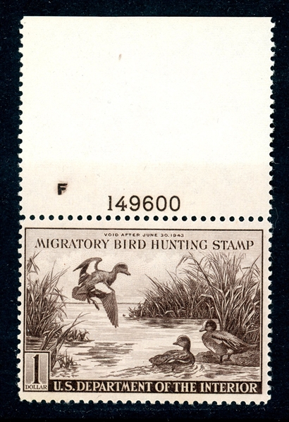 USA Scott RW9 MNH F-VF Plate Single, 1942 Duck Stamp (SCV $225)