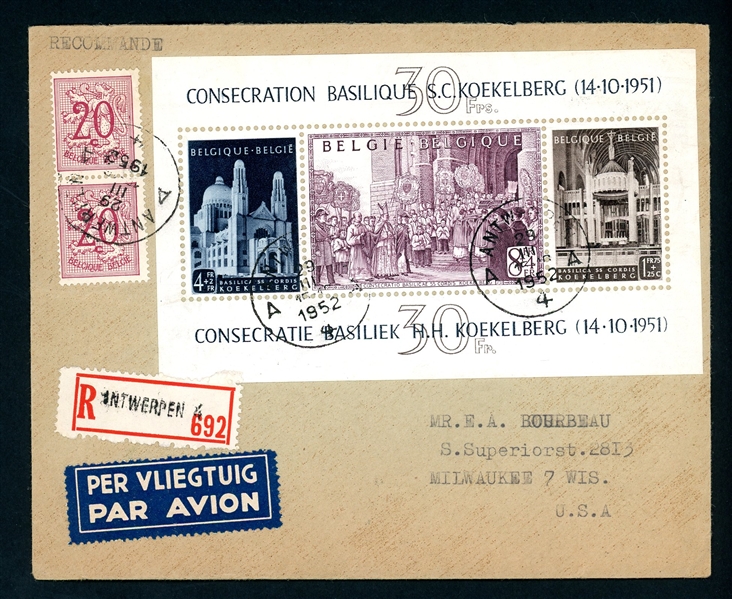 Belgium Scott B513a Souvenir Sheet on Cover, 1952 (Est $90-120)
