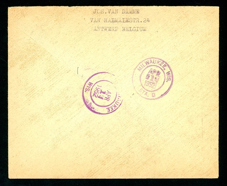 Belgium Scott B513a Souvenir Sheet on Cover, 1952 (Est $90-120)
