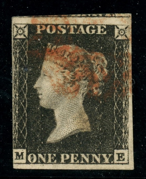 Great Britain Scott 1 Used, 3 Margin penny Black, Red Cancel (SCV $375)