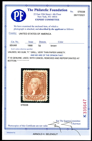 USA Scott 95 Used, Very Thin Paper Variety, 2021 PF Certificate (SCV $900)