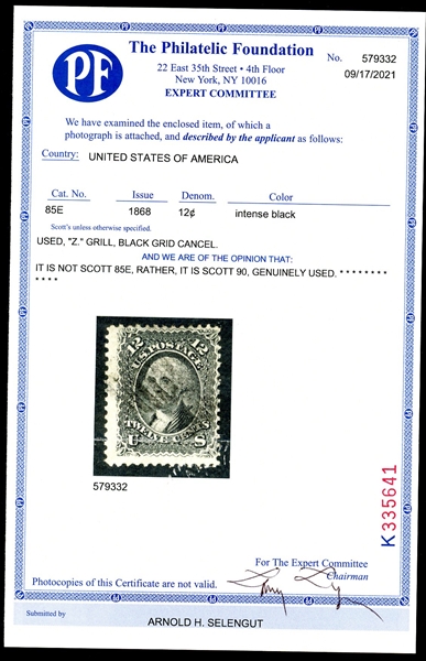 USA Scott 90 Used Fine, 12¢ Washington E Grill, 2021 PF Cert (SCV $400)