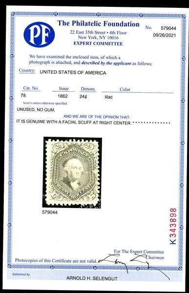 USA Scott 78 Unused Fine, No Gum, 24¢ Washington, 2021 PF Certificate (SCV $950)