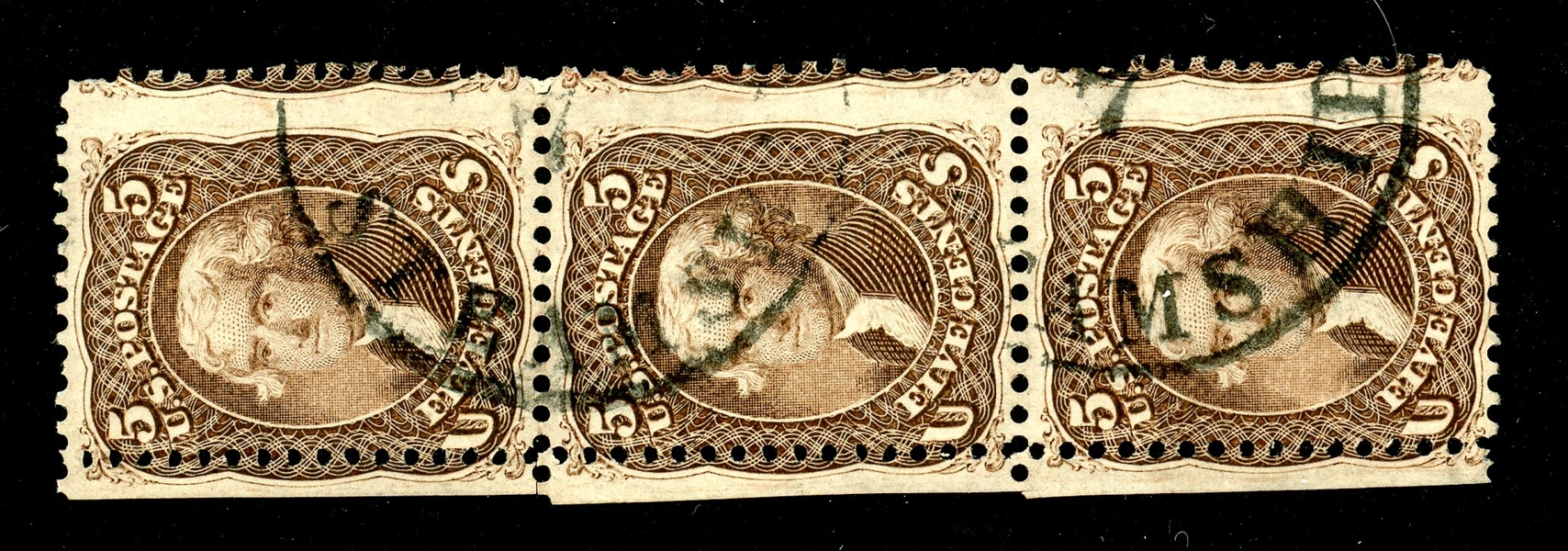 USA Scott 76 Used Strip of 3, Perf Shift, Steamship Cancels (SCV $580)