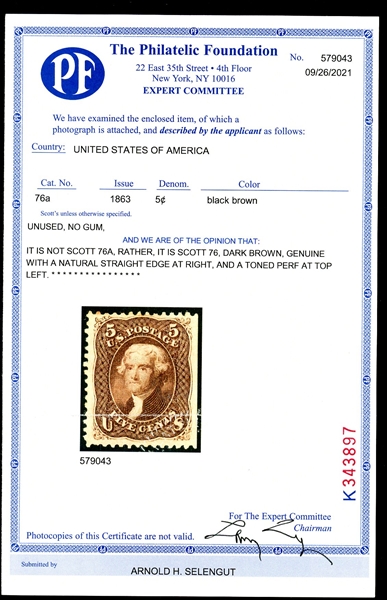USA Scott 76 Unused No Gum F-VF, 5¢ Jefferson - 2021 PF Cert (SCV $550)