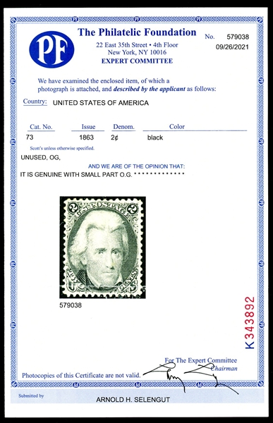 USA Scott 73 MH F-VF, 2¢ Black Jack, 2021 PF Certificate (SCV $350)