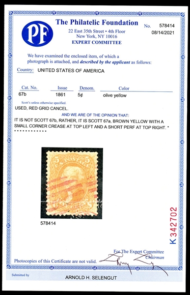USA Scott 67a Used VF Brown Yellow Shade, 2021 PF Certificate (SCV $1100)