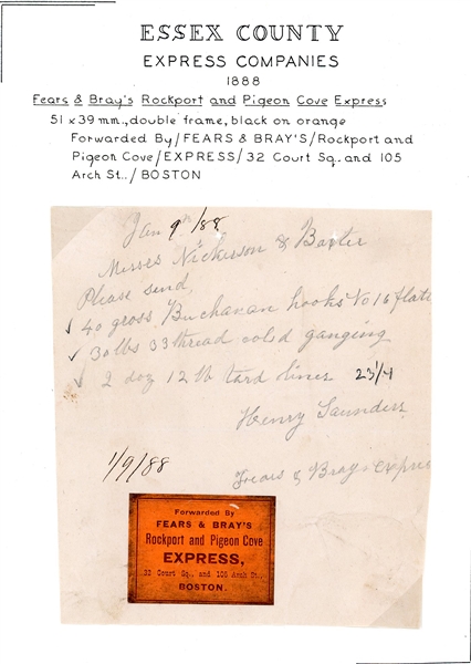 Fears & Bray's Rockport and Pigeon Cove Express Label on Handwritten Merchandise Order, 1888 (Est $75-100)