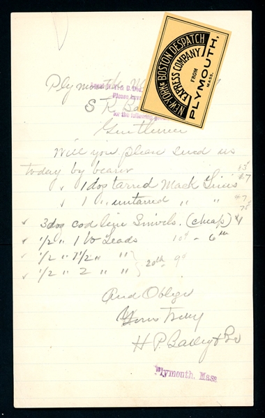 New York & Boston Despatch Express Label on Handwritten Merchandise Order, 1900 (Est $75-100)