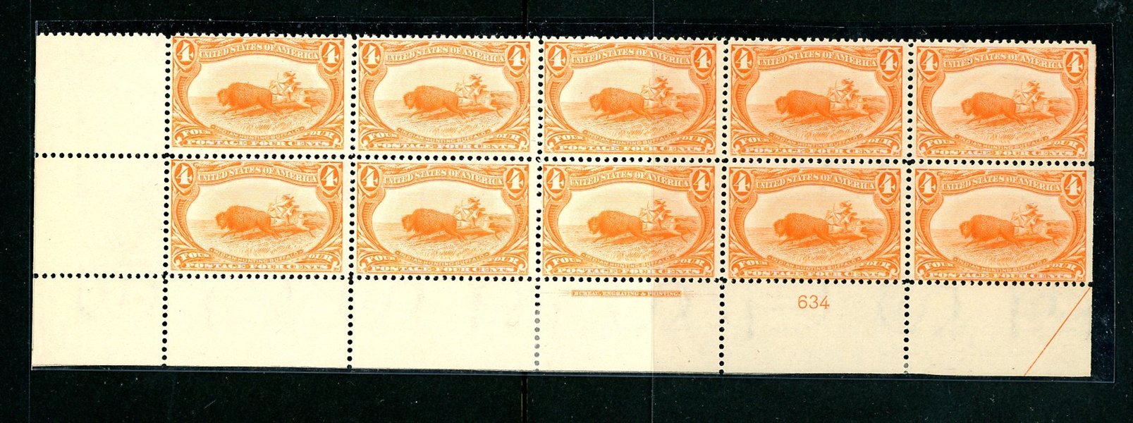 USA Scott 287 MNH Margin Block of 10 with Plate Block, 4¢ Trans-Miss (SCV $4570)