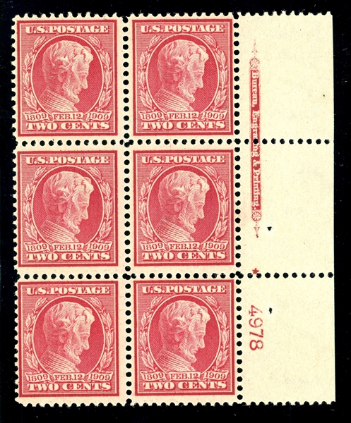 USA Scott 369 MH Plate Block/6, 1909 Lincoln Blue Paper (SCV $2750)