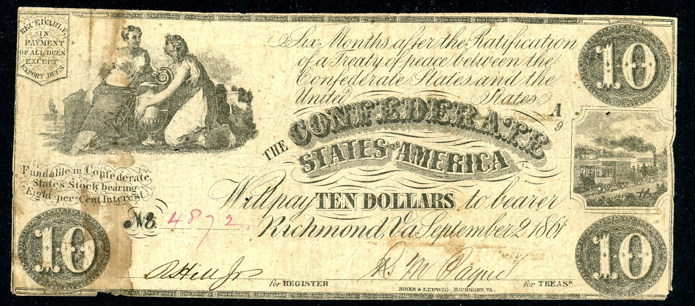 1864 Confederate States $5 Note, CS28 Fine (Est $70-100)
