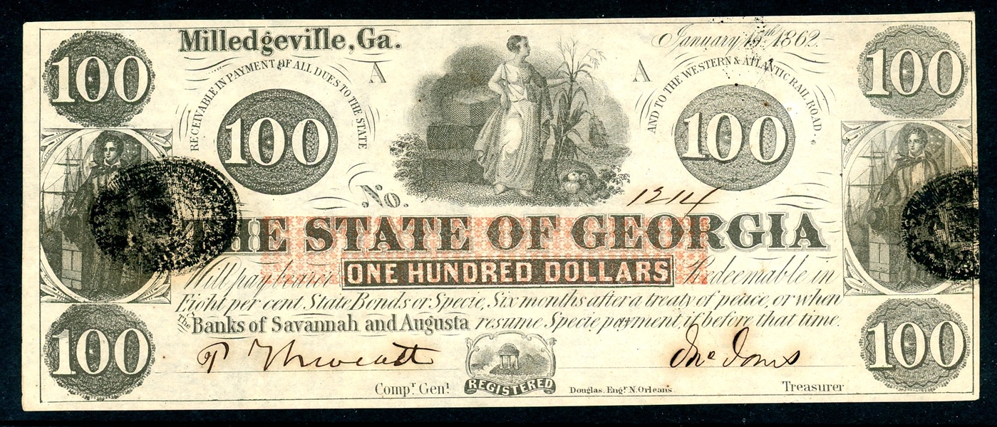 1862 $100 State of Georgia Civil War Obsolete Currency Note (Est $160-200)