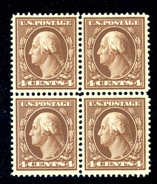 USA Scott 377 MNH VF Block of 4, 1910 4¢ Washington (SCV $260)