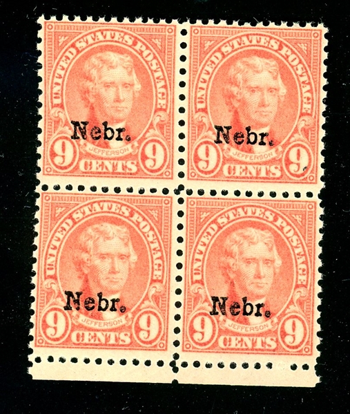 USA Scott 678 MNH F-VF Block of 4, 1929 9¢ Nebraska (SCV $280)
