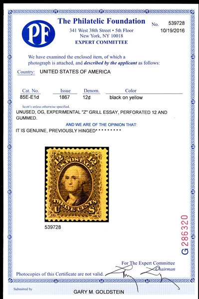 USA Scott 85E-E1d Essay, Experimental Z Grill, 2016 PFC (SCV $250)