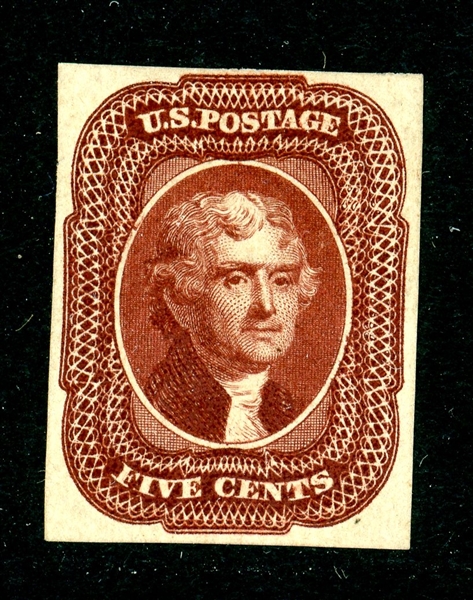 USA Scott 12TC5c, 5¢ Deep Brown Trial Color Proof, XF (SCV $1200)