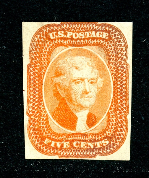 USA Scott 12TC5g, 5¢ Deep Orange Trial Color Proof, XF (SCV $300)