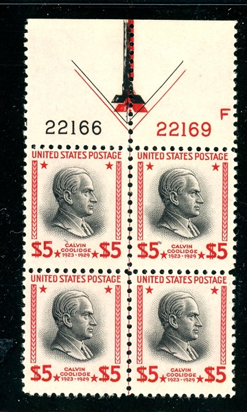 USA Scott 834 Mint Plate Block of Four, F-VF, $5 Coolidge (SCV $325)