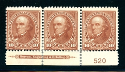 USA Scott 282C Unused Plate # Strip/3, 10¢ Webster, Type I (SCV $725)