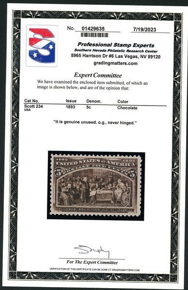 USA Scott 234 MNH VF, 5¢ Columbian with 2023 PSE Certificate (SCV $150)