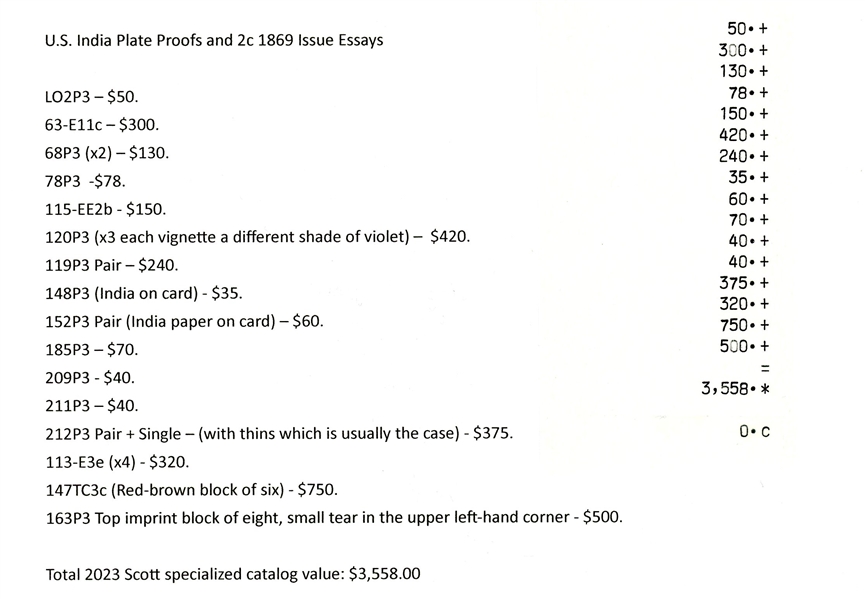 USA India Plate Proofs with 1869 Essays, Excellent Group! (SCV $3558)