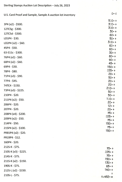 USA Plate Proofs on Card and SAMPLE, SAMPLE A Overprints (SCV $4452)