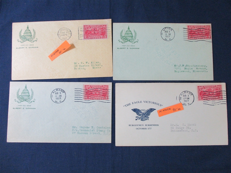 USA Scott 644 First Day Cover Group, 1927 Burgoyne Issue, Various Cachets (Est $200-300)