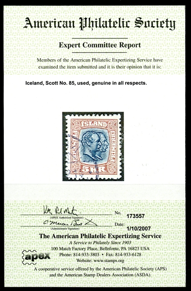 Iceland Scott 85 Used F-VF, 1907 Kings, 2007 APS Certificate (SCV $350)