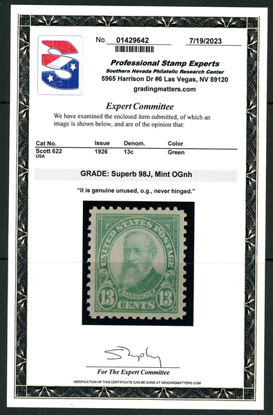 USA Scott 622 MNH Graded Superb 98J, 13¢ Harrison  (SMQ $275+)