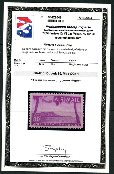 USA Scott C46 MNH Graded Superb 98, 1952 80¢ Hawaii Airmail (Est $100-150)