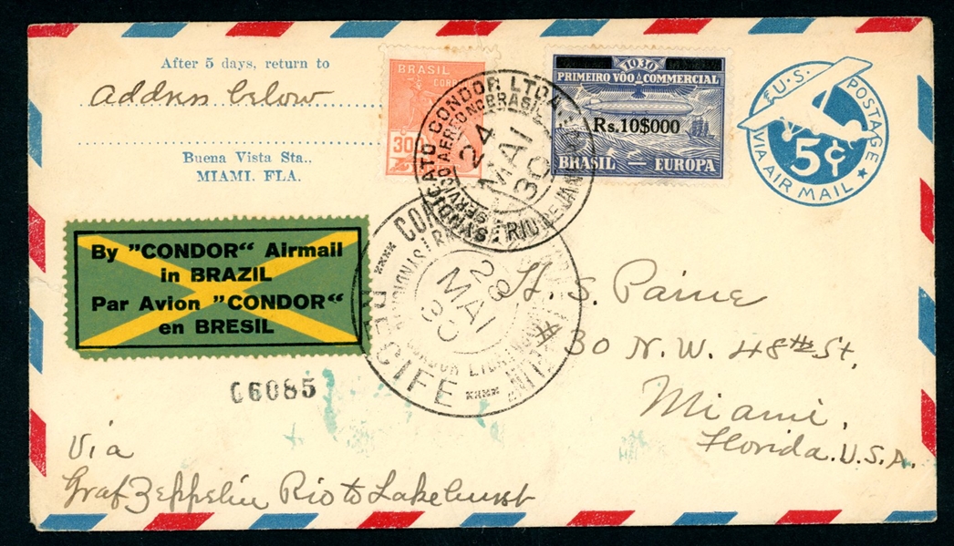 Brazil Zeppelin Flight Cover to Lakehurst (Est $150-200)