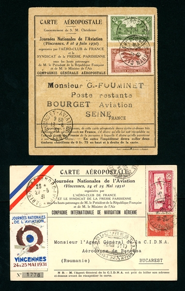 France - 2 Different Early 1930's Aviation Day Returned Cards (Est $75-100)