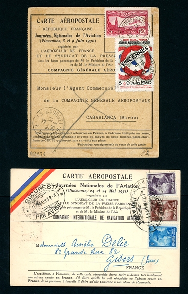 France - 2 Different Early 1930's Aviation Day Returned Cards (Est $75-100)