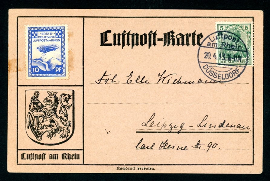 Germany 1913 Airmail on Rhein Flight Card (Est $80-120)