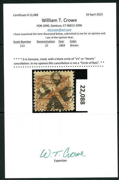 USA Scott 113 Used with Fancy Cancel, 1869 2¢ Pictorial with 2023 Crowe Cert (SCV $80+)