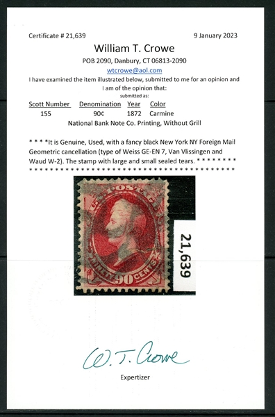 USA Scott 155 Used fancy NY Foreign Mail Cancel, 1872 90¢ Perry, 2023 Crowe Cert (SCV $350)