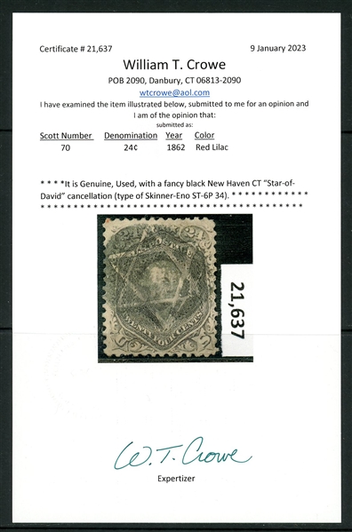 USA Scott 70 Used with Fancy Star Cancel, 24¢ Washington with 2023 Crowe Cert (SCV $300+)