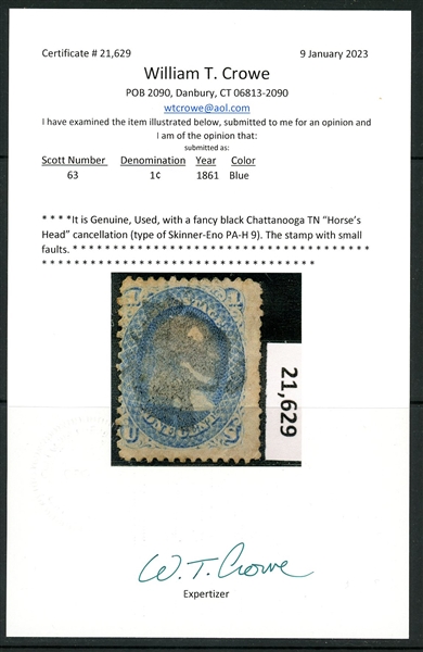 USA Scott 63 Used, Chattanooga TN Horse's Head Fancy Cancel, 2023 Crowe Cert