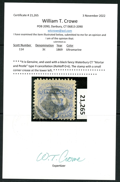 USA Scott 114 Used, Waterbury CT Mortar and Pestle Fancy Cancel, 2023 Crowe Cert
