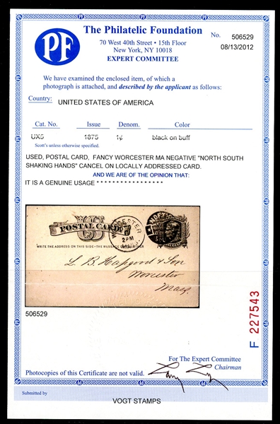 USA Scott UX5 Postal Card, Rare Worcester MA North-South Shaking Hands Fancy Cancel, 2012 PF Cert