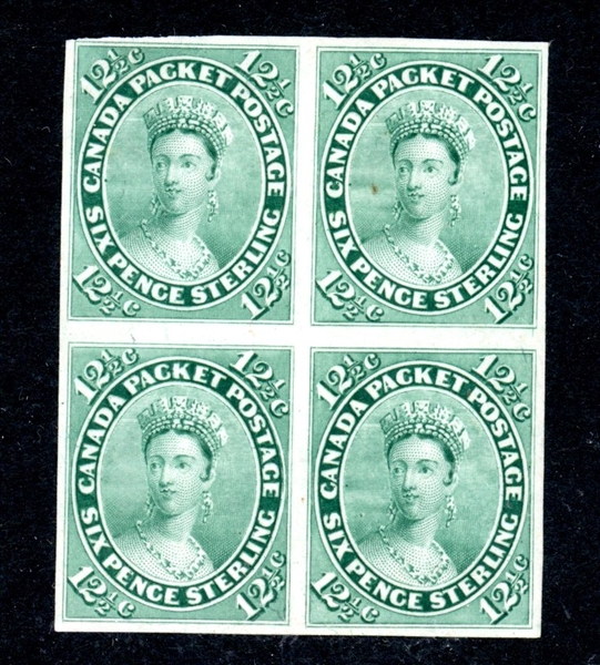 Canada UT 18P Yellow Green Plate Proof in Block/4 (UT $1800)