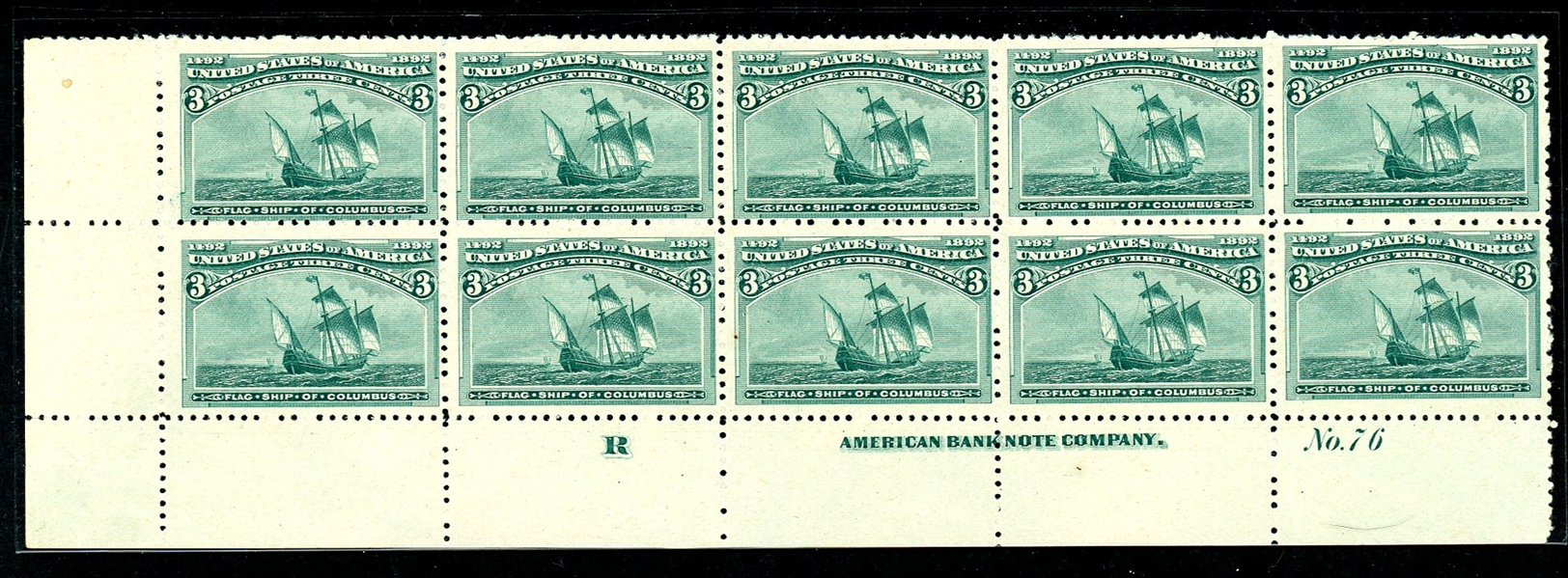 USA Scott 232 MVLH Plate Block/10, 3¢ Columbian (SCV $1365)