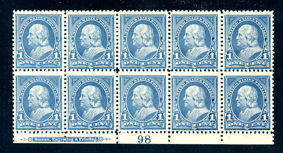 USA Scott 247 Mint Plate Block/10 Imprint, 1¢ Franklin (SCV $1120)