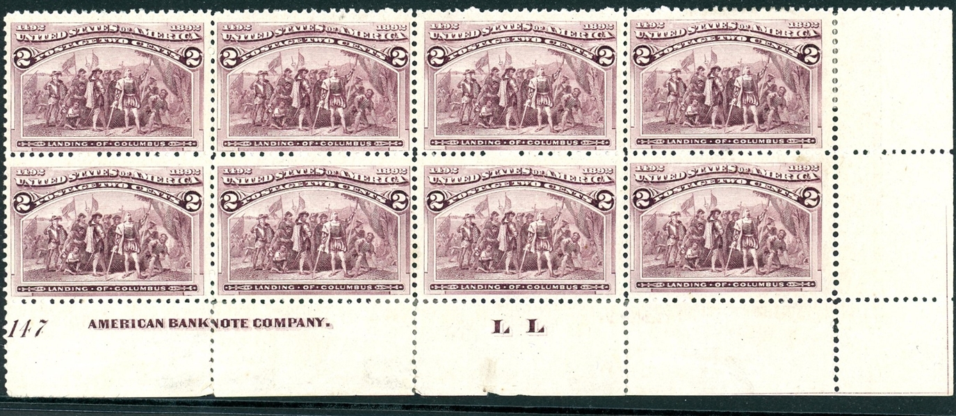 USA Scott 231 Mint Plate Block/8, 2¢ Columbian (SCV $800)