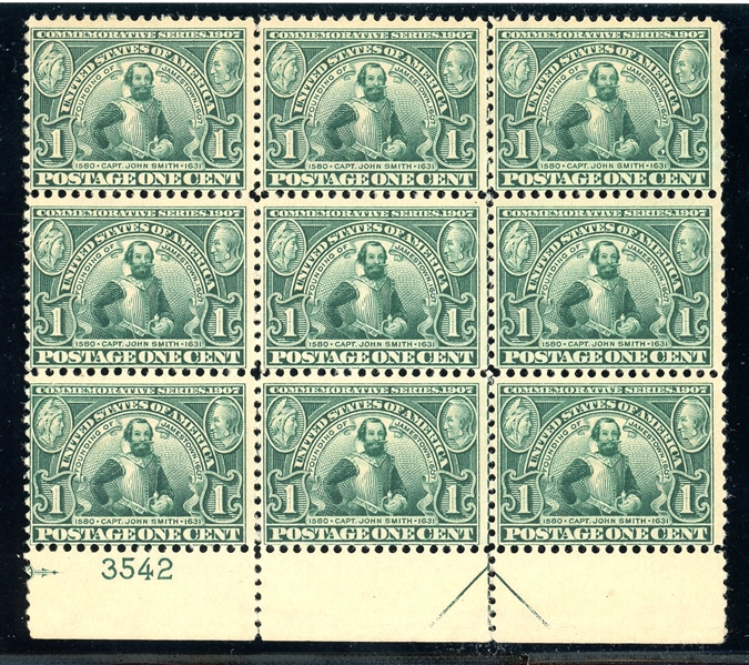 USA Scott 328 Mint Block of 9, Fine+, 1c Jamestown (SCV $505)