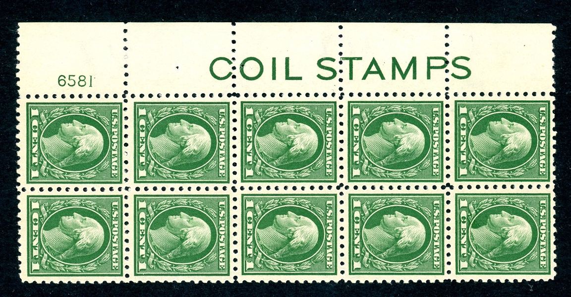 USA Scott 424 MNH Block of 10 with Imprint COIL STAMPS and Plate Number (SCV $350)