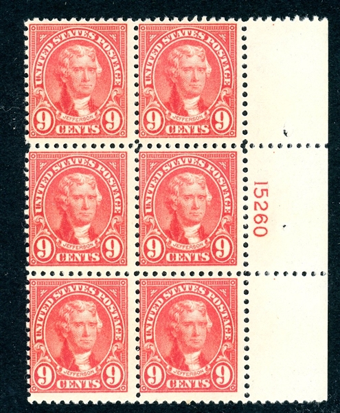 USA Scott 561 MNH Just Fine Plate Block Of 6, 9¢ Jefferson (SCV $250)