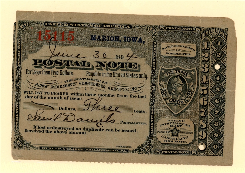 1894 Postal Note - Marion, Iowa (Est $125-175)