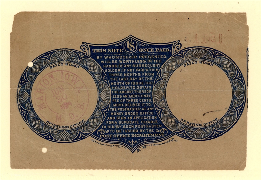 1894 Postal Note - Marion, Iowa (Est $125-175)